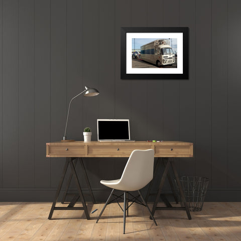 1960's Image Collection by John Gaffen - Black Modern Wood Framed Art Print Titled: Image of a rare mobile cinema unit built on a bedford SB chassis with coachwork by Coventry Steel Caravans.