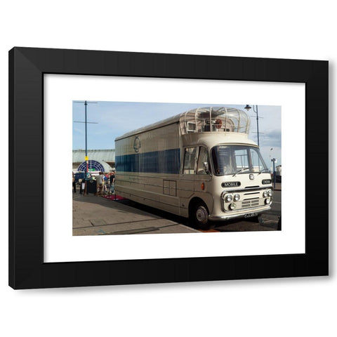 1960's Image Collection by John Gaffen - Black Modern Wood Framed Art Print Titled: Image of a rare mobile cinema unit built on a bedford SB chassis with coachwork by Coventry Steel Caravans.