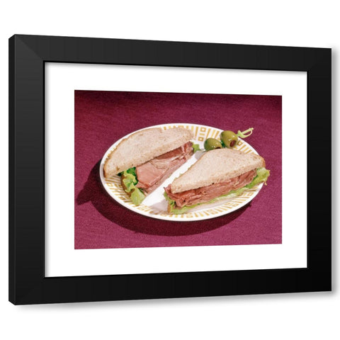 1960's Image Collection by ClassicStock - Black Modern Wood Framed Art Print Titled: 1960s ROAST BEEF SANDWICH ON RYE BREAD OLIVES ON TOOTHPICK