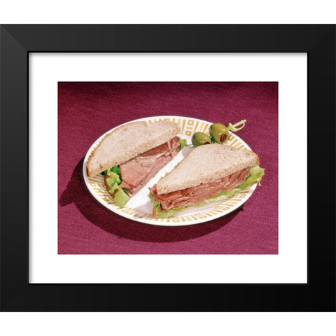 1960's Image Collection by ClassicStock - Black Modern Wood Framed Art Print Titled: 1960s ROAST BEEF SANDWICH ON RYE BREAD OLIVES ON TOOTHPICK