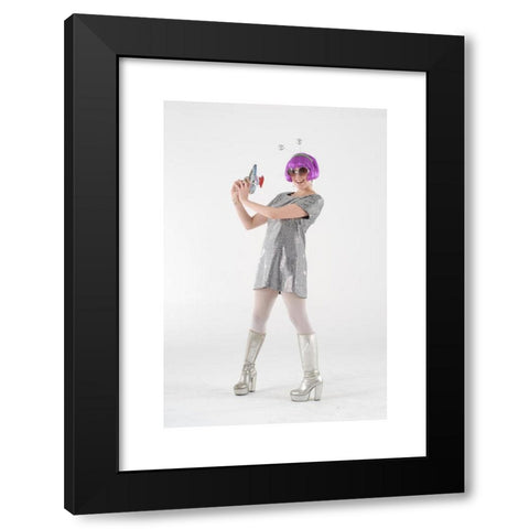 1960's Image Collection by Adam Bronkhorst - Black Modern Wood Framed Art Print Titled: woman in fancy dress comedy costume in 1960s fashion and crazy funny outfit