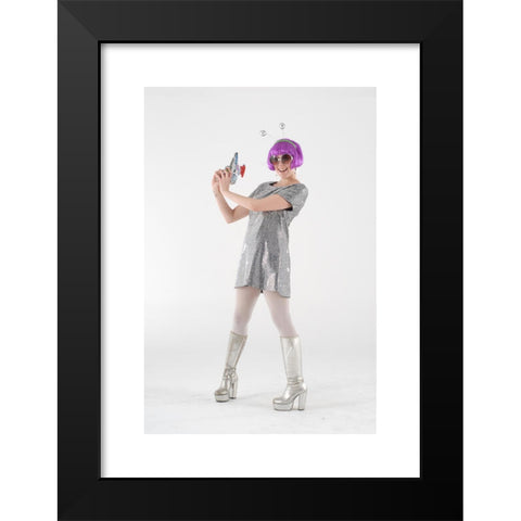 1960's Image Collection by Adam Bronkhorst - Black Modern Wood Framed Art Print Titled: woman in fancy dress comedy costume in 1960s fashion and crazy funny outfit