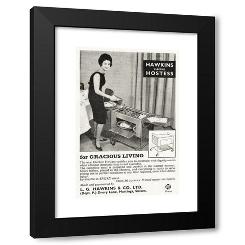 1960's Image Collection by Hera Vintage Ads - Black Modern Wood Framed Art Print Titled: Original old vintage 1960s magazine advert dated 1964. Advertisement advertising Hawkins electric Hostess trolley part of the PYE Group