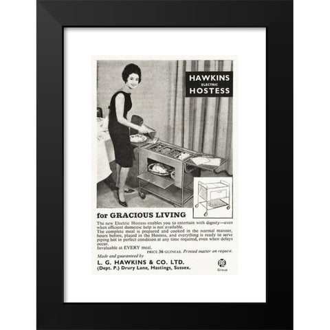 1960's Image Collection by Hera Vintage Ads - Black Modern Wood Framed Art Print Titled: Original old vintage 1960s magazine advert dated 1964. Advertisement advertising Hawkins electric Hostess trolley part of the PYE Group