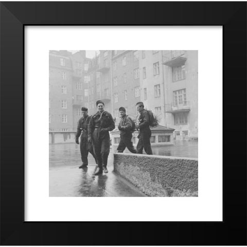 1960's Image Collection by RKive - Black Modern Wood Framed Art Print Titled: Four male chimney sweeps outside an apartment block on rainy day, Helsinki, Finland 1958