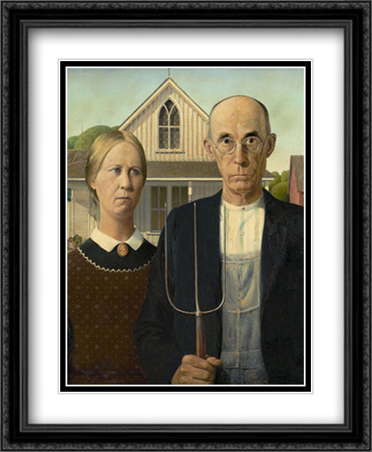 American Gothic, c.1930 22x26 Black Ornate Wood Framed Art Print Poster with Double Matting by Wood, Grant