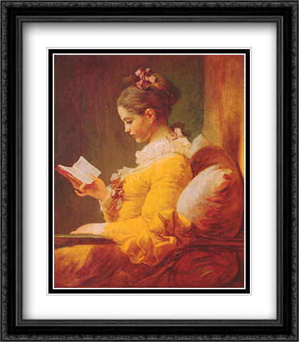 A Young Girl Reading 26x32 Black Ornate Wood Framed Art Print Poster with Double Matting by Fragonard, Jean Honore