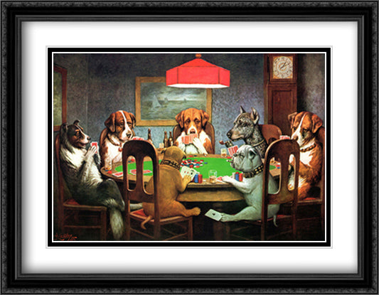 A Friend in Need / Dogs Playing Poker 29x23 Black Ornate Wood Framed Art Print Poster with Double Matting by Coolidge, Cassius Marcellus