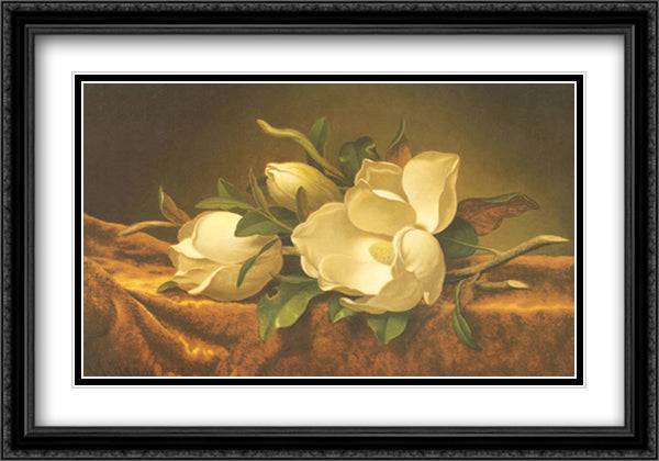 Magnolias on Gold Velvet Cloth 27x20 Black Ornate Wood Framed Art Print Poster with Double Matting by Heade, Martin Johnson