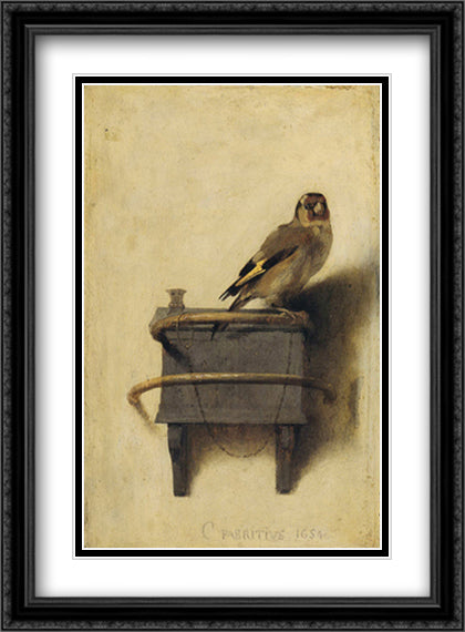 Carel Fabritius - The Goldfinch, 1654 24x30 Black Ornate Wood Framed Art Print Poster with Double Matting by Fabritius, Carel