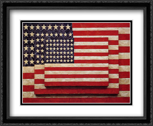 Three Flags 31x26 Black Ornate Wood Framed Art Print Poster with Double Matting by Johns, Jasper