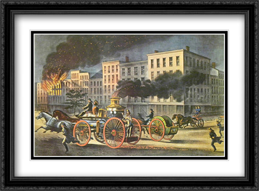 Life of a Fireman 32x26 Black Ornate Wood Framed Art Print Poster with Double Matting by Currier and Ives