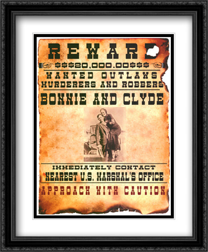 Bonnie and Clyde Wanted Poster 22x28 Black Ornate Wood Framed Art Print Poster with Double Matting