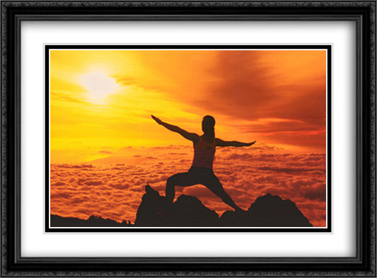 Silhouette of a young woman practicing yoga, Haleakala, Maui, Hawaii, USA 28x22 Black Ornate Wood Framed Art Print Poster with Double Matting