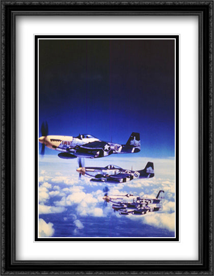 Four fighter planes in flight, P-51 Mustang 22x28 Black Ornate Wood Framed Art Print Poster with Double Matting by American History