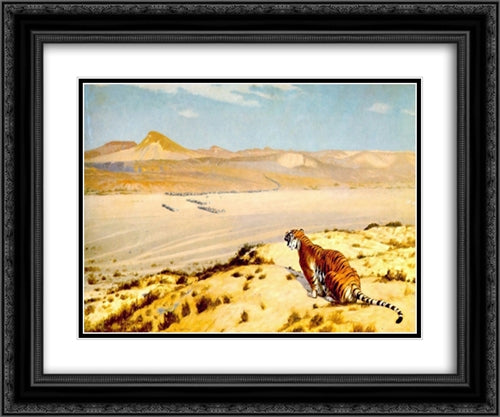 Tiger on the Watch 24x20 Black Ornate Wood Framed Art Print Poster with Double Matting by Gerome, Jean Leon