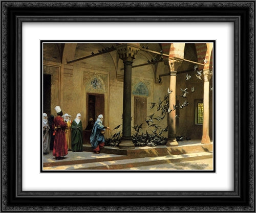 Harem Women Feeding Pigeons in a Courtyard 24x20 Black Ornate Wood Framed Art Print Poster with Double Matting by Gerome, Jean Leon