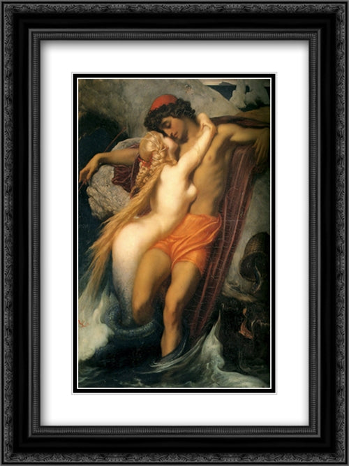 The Fisherman and the Syren 18x24 Black Ornate Wood Framed Art Print Poster with Double Matting by Leighton, Frederic