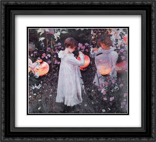 Carnation, Lily, Lily, Rose 22x20 Black Ornate Wood Framed Art Print Poster with Double Matting by Sargent, John Singer