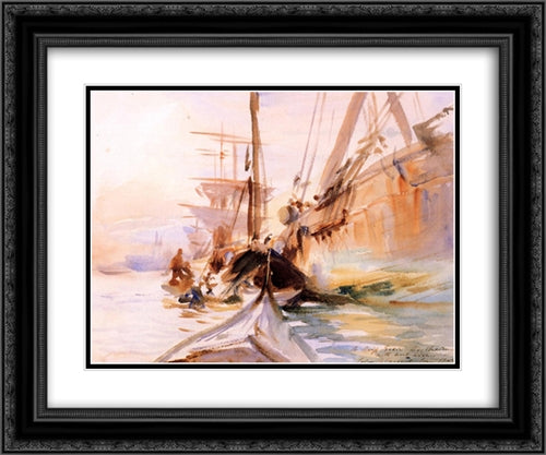 Unloading Boats, Venice 24x20 Black Ornate Wood Framed Art Print Poster with Double Matting by Sargent, John Singer