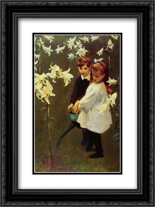 Garden - Study of the Vickers Children 18x24 Black Ornate Wood Framed Art Print Poster with Double Matting by Sargent, John Singer