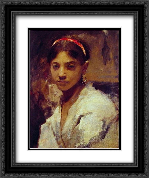 Head of a Capri Girl 20x24 Black Ornate Wood Framed Art Print Poster with Double Matting by Sargent, John Singer