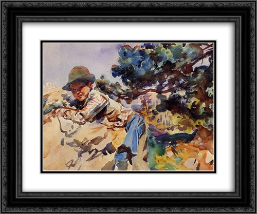 Boy on a Rock 24x20 Black Ornate Wood Framed Art Print Poster with Double Matting by Sargent, John Singer