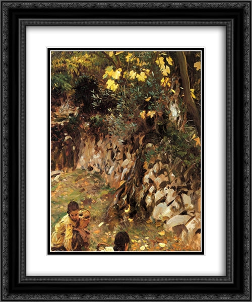 Girls Gathering Blossoms, Valdemosa, Majorca 20x24 Black Ornate Wood Framed Art Print Poster with Double Matting by Sargent, John Singer