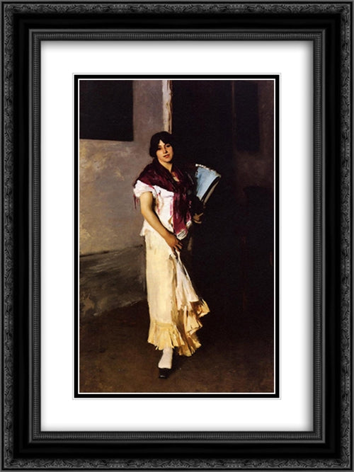 Italian Girl with Fan 18x24 Black Ornate Wood Framed Art Print Poster with Double Matting by Sargent, John Singer