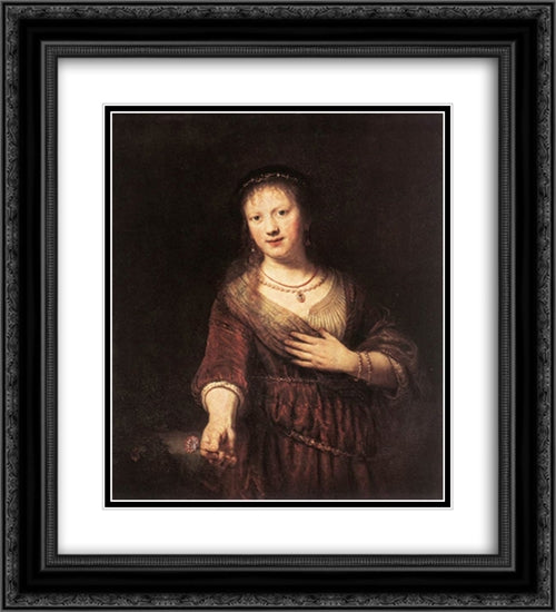 Portrait of Saskia with a Flower 20x22 Black Ornate Wood Framed Art Print Poster with Double Matting by Rembrandt