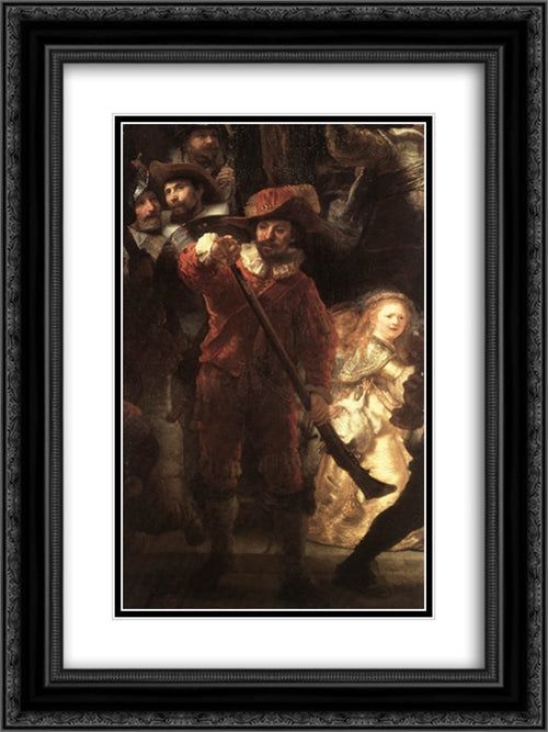 The Nightwatch [detail: 2] 18x24 Black Ornate Wood Framed Art Print Poster with Double Matting by Rembrandt