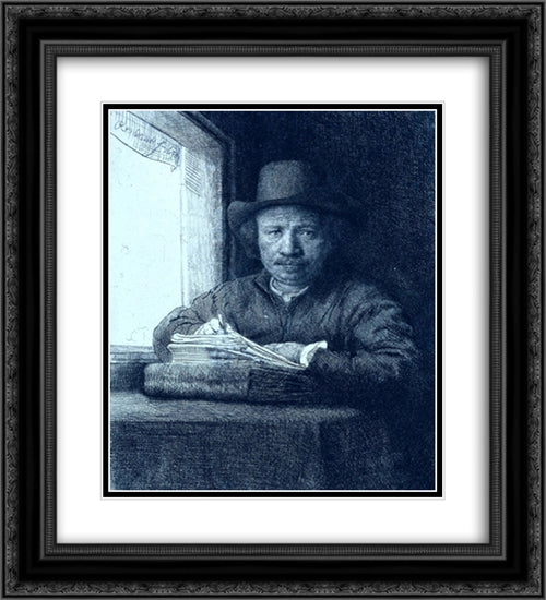 Rembrandt drawing at a window 20x22 Black Ornate Wood Framed Art Print Poster with Double Matting by Rembrandt