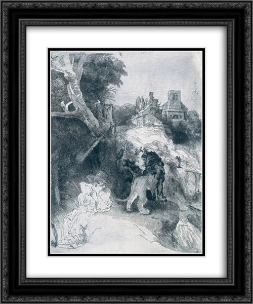 St Jerome Reading in an Italian Landscape 20x24 Black Ornate Wood Framed Art Print Poster with Double Matting by Rembrandt