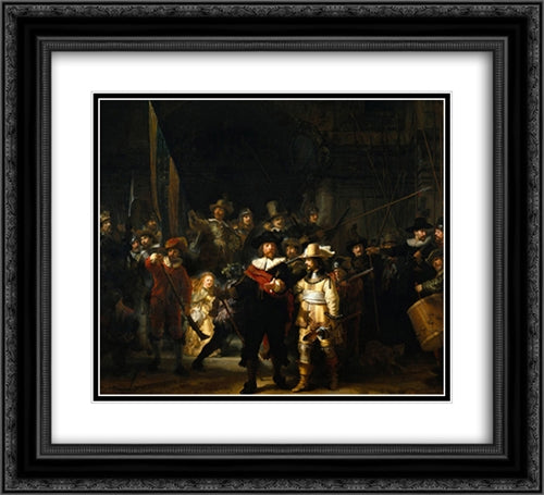 The Company of Frans Banning Cocq and Willem van Ruytenburch, known as the 'Night Watch' 22x20 Black Ornate Wood Framed Art Print Poster with Double Matting by Rembrandt