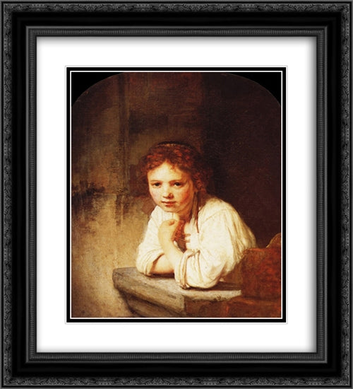 A Girl at a Window 20x22 Black Ornate Wood Framed Art Print Poster with Double Matting by Rembrandt