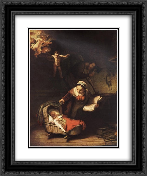 The Holy Family with Angels 20x24 Black Ornate Wood Framed Art Print Poster with Double Matting by Rembrandt