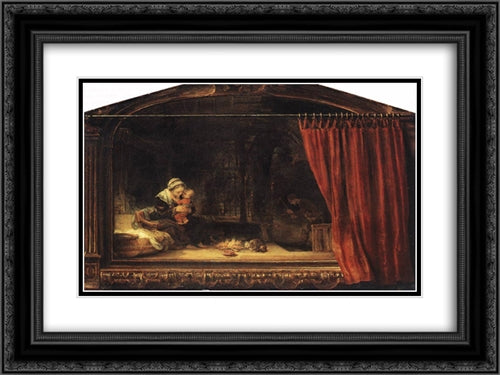 The Holy Family with a Curtain 24x18 Black Ornate Wood Framed Art Print Poster with Double Matting by Rembrandt