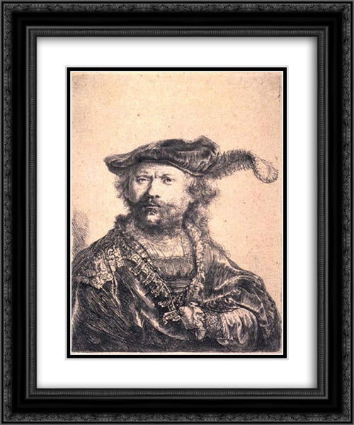 Rembrandt in Velvet Cap and Plume 20x24 Black Ornate Wood Framed Art Print Poster with Double Matting by Rembrandt