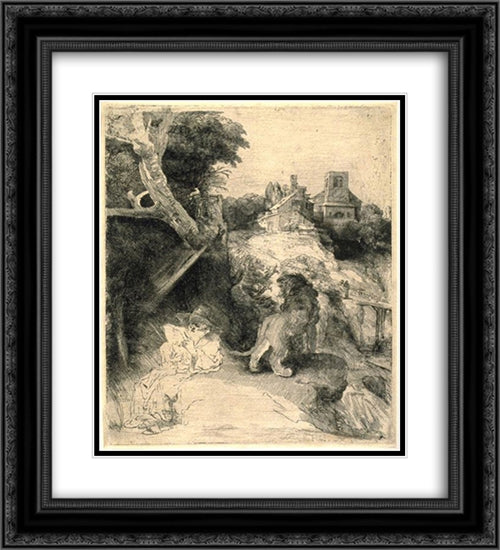 St. Jerome Reading in an Italian Landscape 20x22 Black Ornate Wood Framed Art Print Poster with Double Matting by Rembrandt