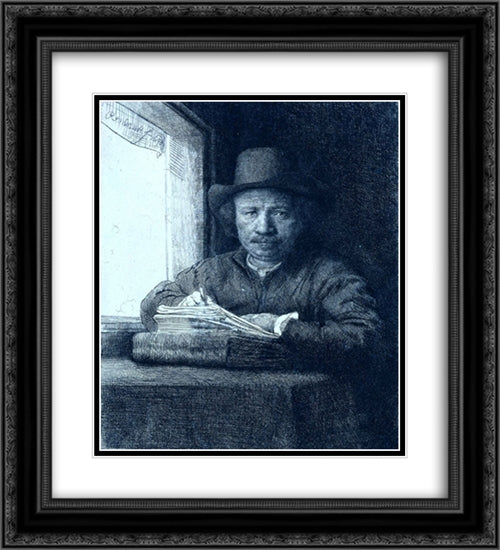 Rembrandt Drawing at a Window 20x22 Black Ornate Wood Framed Art Print Poster with Double Matting by Rembrandt