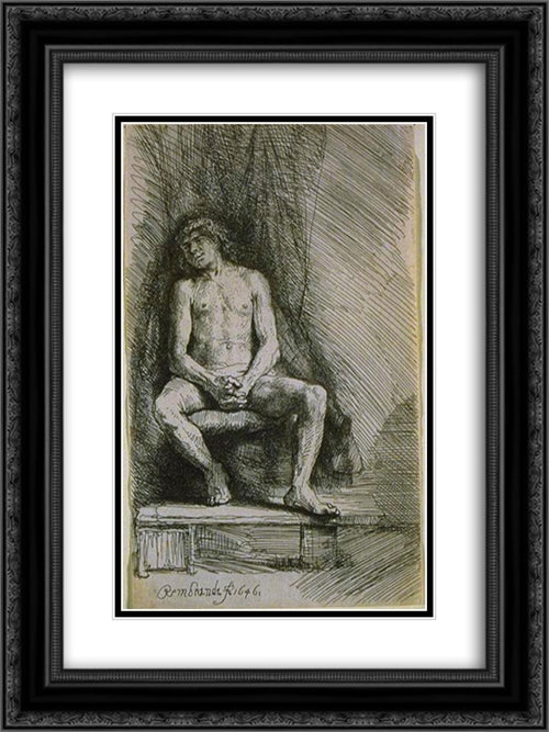 Study from the Nude Man Seated before a Curtain 18x24 Black Ornate Wood Framed Art Print Poster with Double Matting by Rembrandt