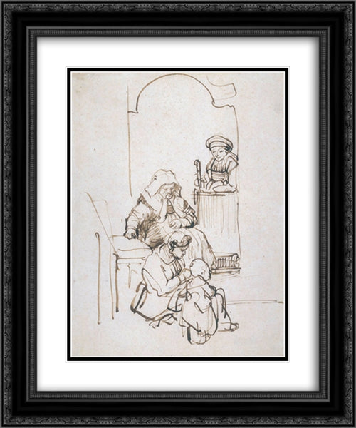 Three Women and a Child at the Door 20x24 Black Ornate Wood Framed Art Print Poster with Double Matting by Rembrandt