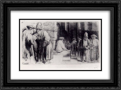 Jews in the Synagogue 24x18 Black Ornate Wood Framed Art Print Poster with Double Matting by Rembrandt