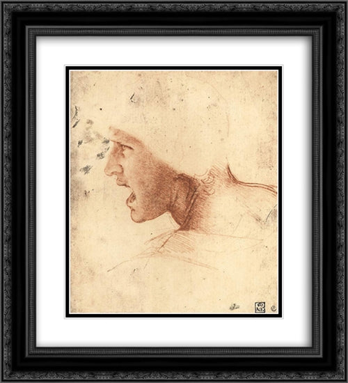 Head of a Warrior 20x22 Black Ornate Wood Framed Art Print Poster with Double Matting by da Vinci, Leonardo