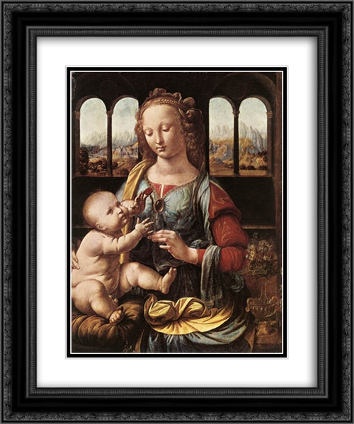 The Madonna of the Carnation 20x24 Black Ornate Wood Framed Art Print Poster with Double Matting by da Vinci, Leonardo