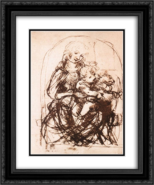 Study of the Madonna and Child with a Cat 20x24 Black Ornate Wood Framed Art Print Poster with Double Matting by da Vinci, Leonardo