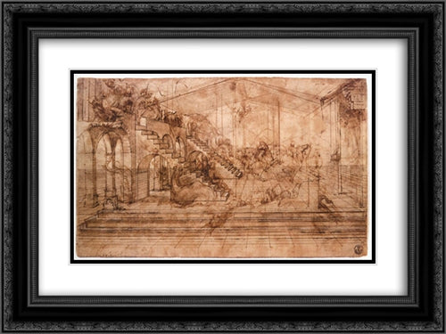 Perspectival study of the Adoration of the Magi 24x18 Black Ornate Wood Framed Art Print Poster with Double Matting by da Vinci, Leonardo