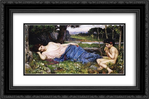 Listening to His Sweet Pipings 24x16 Black Ornate Wood Framed Art Print Poster with Double Matting by Waterhouse, John William