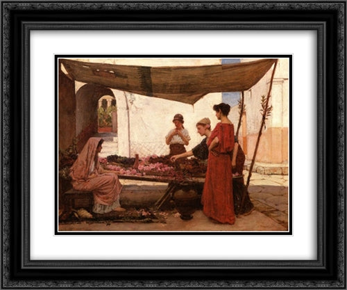 A Grecian Flower Market 24x20 Black Ornate Wood Framed Art Print Poster with Double Matting by Waterhouse, John William