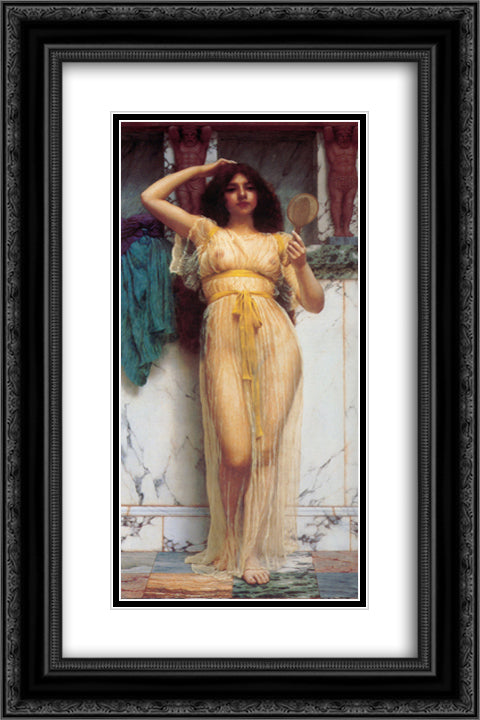 The Mirror 16x24 Black Ornate Wood Framed Art Print Poster with Double Matting by Godward, John William